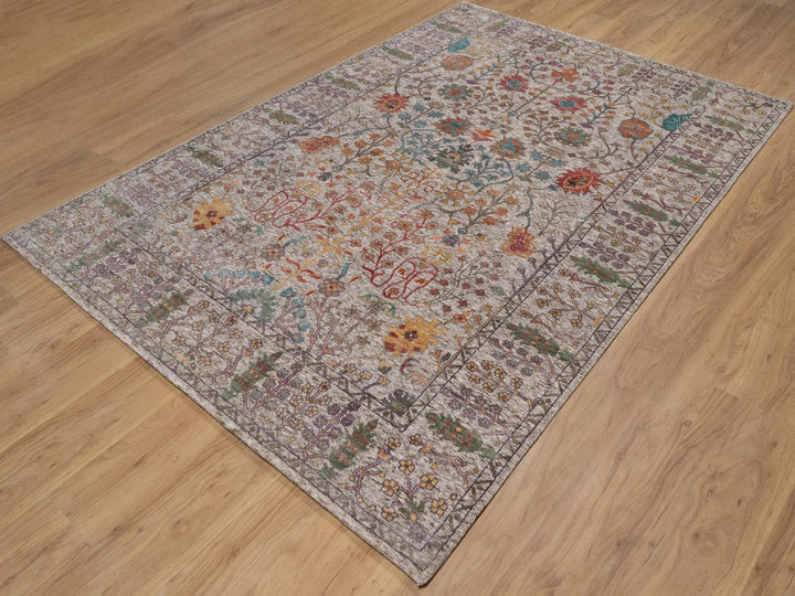 6'0" x 8'11" New Hand Knotted Ivory Wool & Silk Rectangle Oriental Rug - MOA10291927