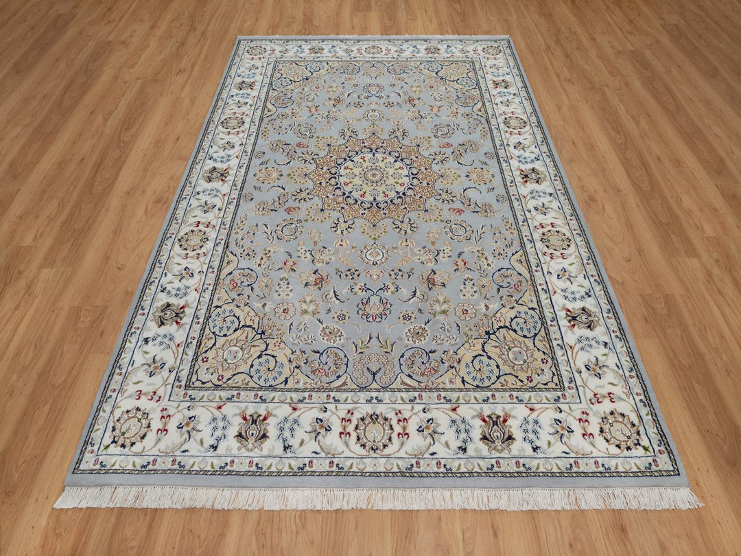 6'1" x 9'0" New Hand Knotted Blue Wool & Silk Rectangle Oriental Rug - MOA10292006