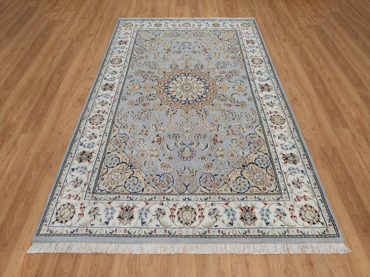 6'1" x 9'0" New Hand Knotted Blue Wool & Silk Rectangle Oriental Rug - MOA10292006