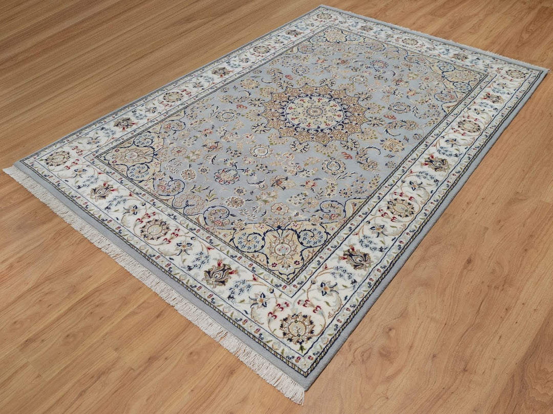 6'1" x 9'0" New Hand Knotted Blue Wool & Silk Rectangle Oriental Rug - MOA10292006