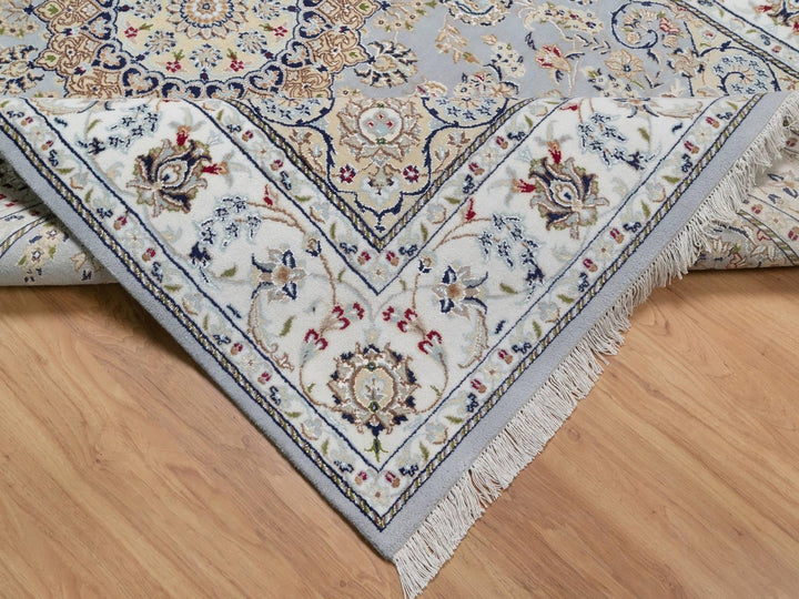 6'1" x 9'0" New Hand Knotted Blue Wool & Silk Rectangle Oriental Rug - MOA10292006