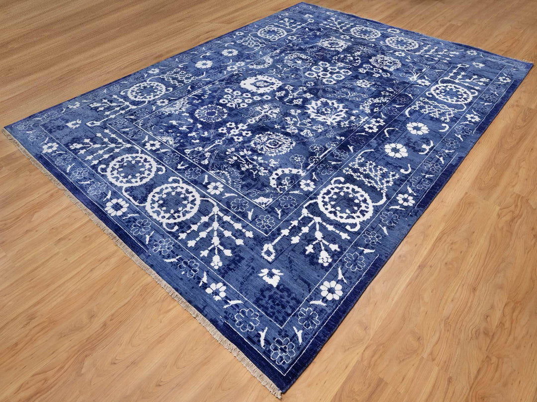 9'0" x 12'1" New Hand Knotted Blue Wool & Silk Rectangle Oriental Rug - MOA10292021