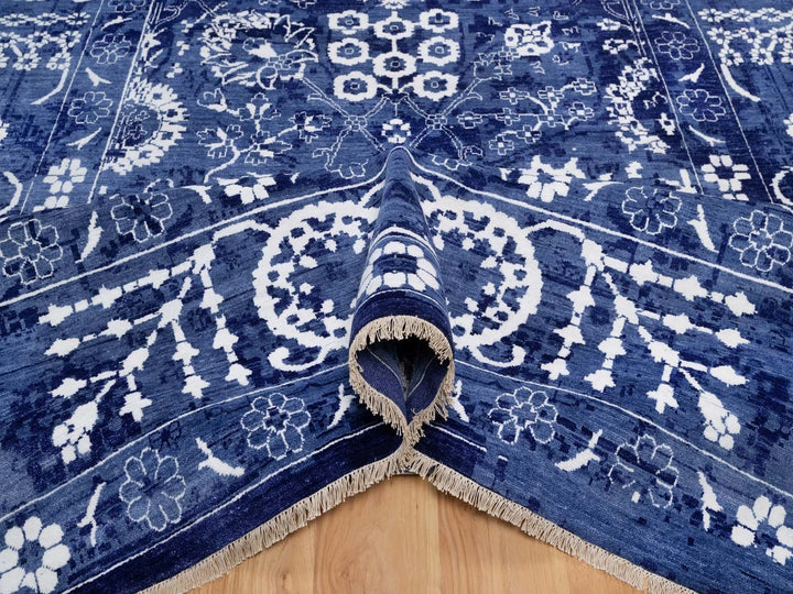 9'0" x 12'1" New Hand Knotted Blue Wool & Silk Rectangle Oriental Rug - MOA10292021