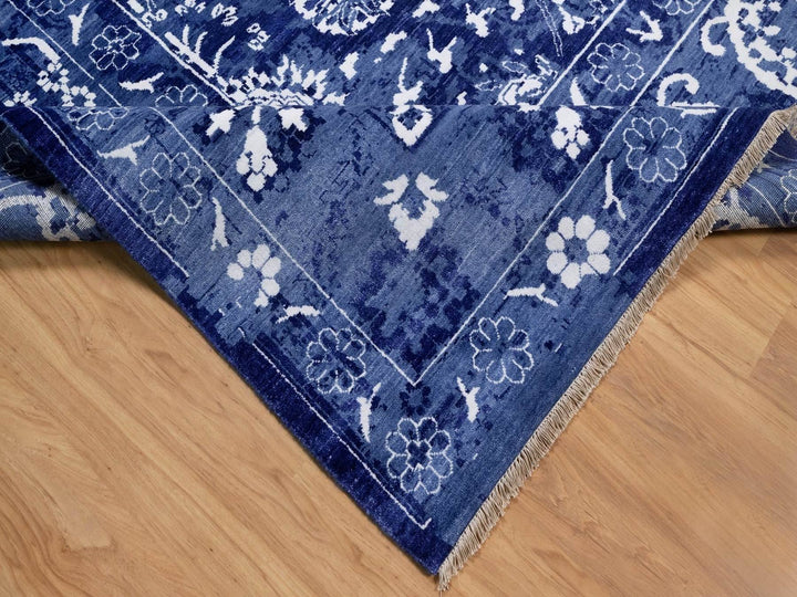 9'0" x 12'1" New Hand Knotted Blue Wool & Silk Rectangle Oriental Rug - MOA10292021