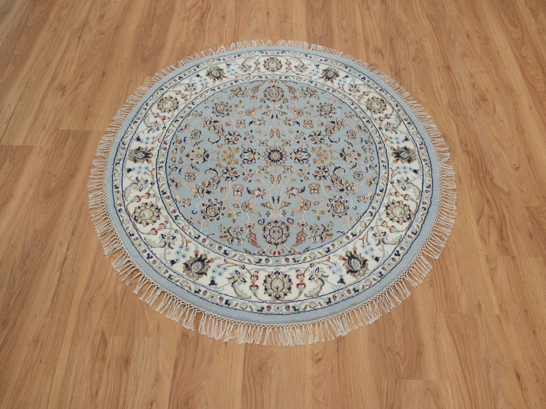 4'0" x 4'1" New Hand Knotted Blue Wool & Silk Round Oriental Rug - MOA10292025