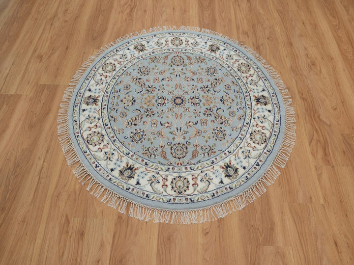 4'0" x 4'1" New Hand Knotted Blue Wool & Silk Round Oriental Rug - MOA10292025