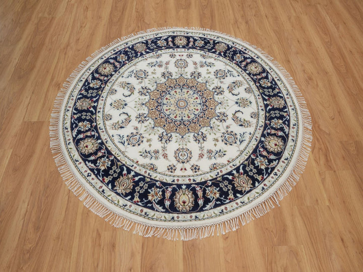 5'1" x 5'2" New Hand Knotted Ivory Wool & Silk Round Oriental Rug - MOA10292026