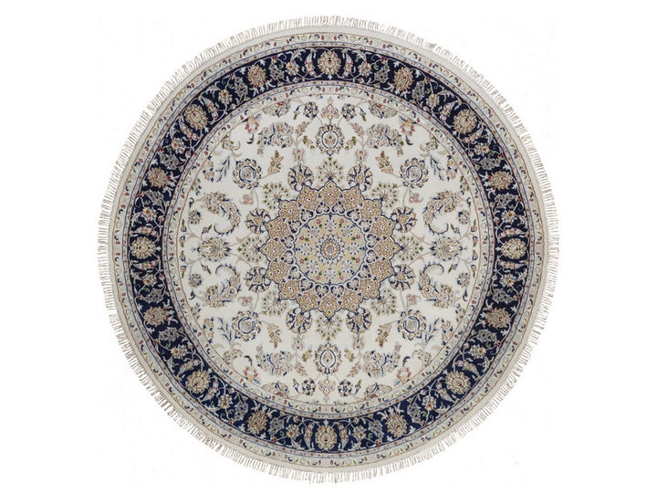 7'4" x 7'5" New Hand Knotted Ivory Wool & Silk Round Oriental Rug - MOA10292027