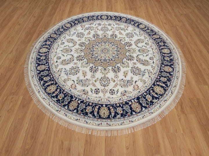 7'4" x 7'5" New Hand Knotted Ivory Wool & Silk Round Oriental Rug - MOA10292027