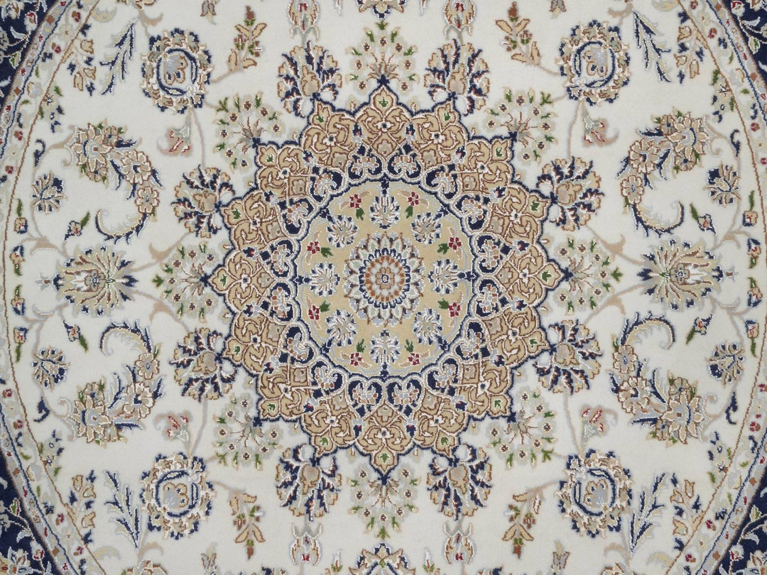 7'4" x 7'5" New Hand Knotted Ivory Wool & Silk Round Oriental Rug - MOA10292027