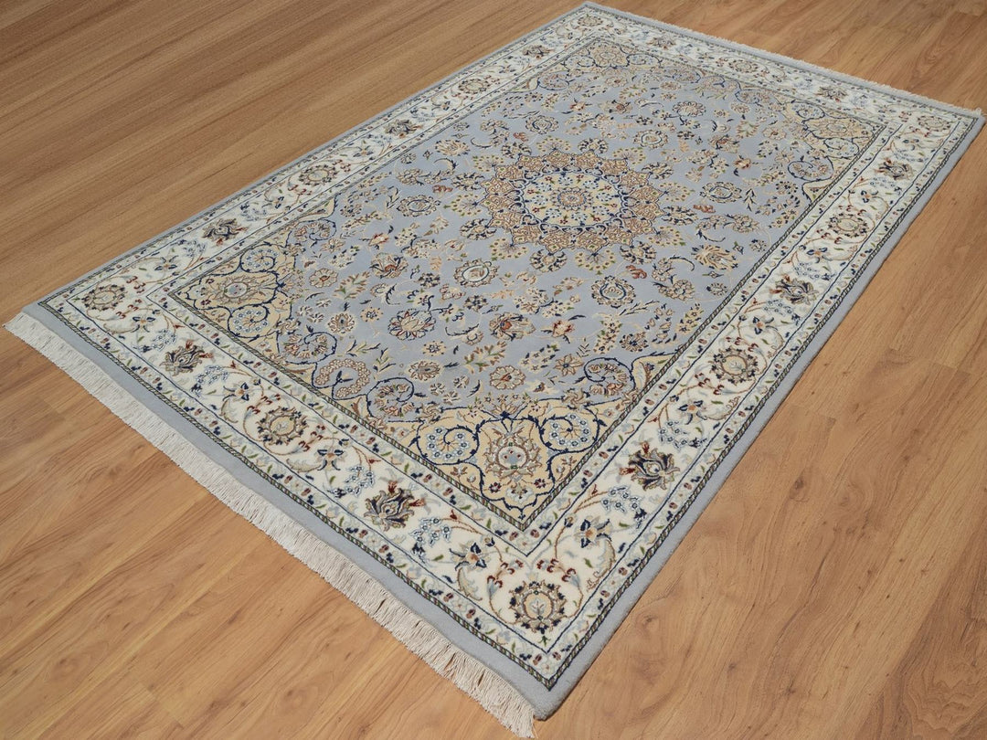 6'1" x 9'4" New Hand Knotted Blue Wool & Silk Rectangle Oriental Rug - MOA10292028