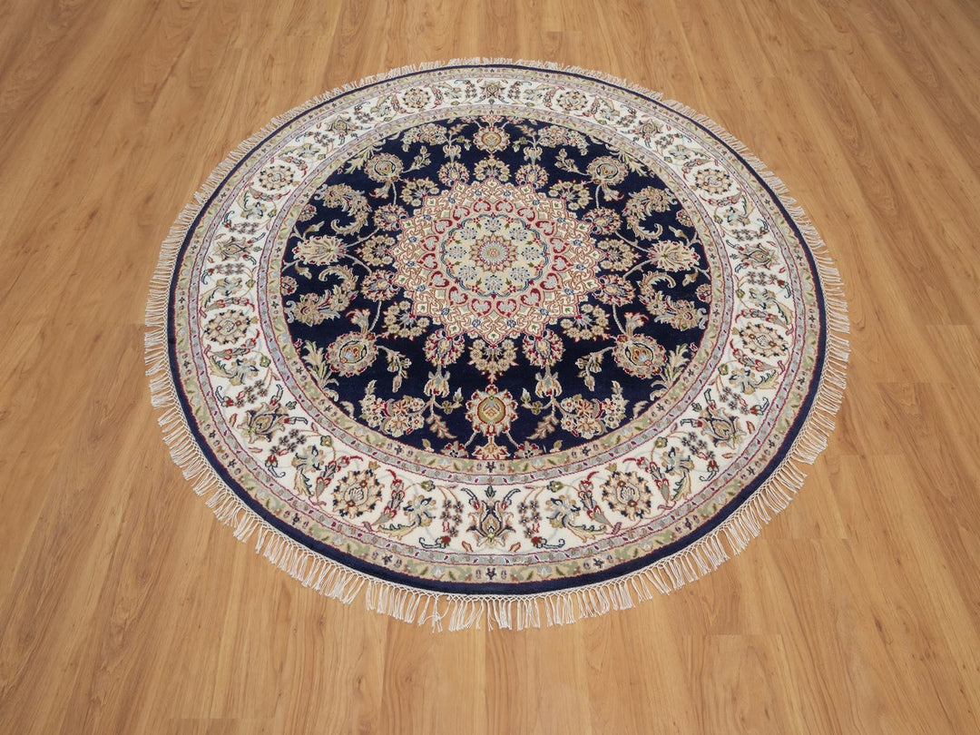 6'0" x 6'1" New Hand Knotted Blue Wool & Silk Round Oriental Rug - MOA10292031