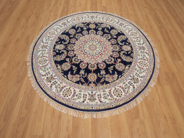 6'0" x 6'1" New Hand Knotted Blue Wool & Silk Round Oriental Rug - MOA10292031