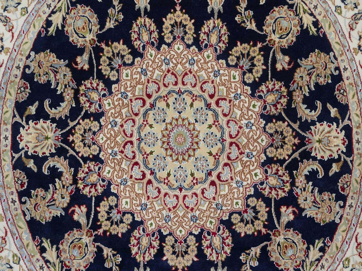 6'0" x 6'1" New Hand Knotted Blue Wool & Silk Round Oriental Rug - MOA10292031