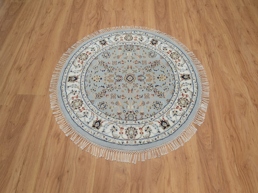 3'4" x 3'4" New Hand Knotted Blue Wool & Silk Round Oriental Rug - MOA10292032