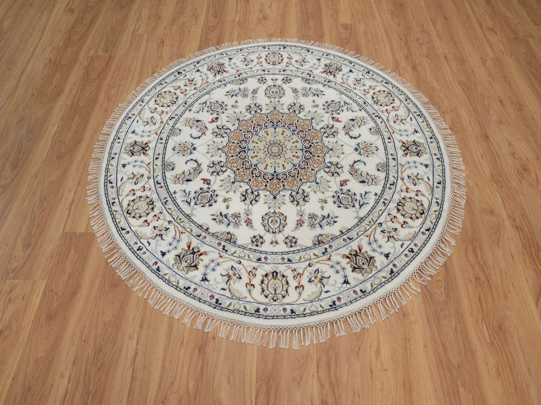 5'1" x 5'1" New Hand Knotted Ivory Wool & Silk Round Oriental Rug - MOA10292033