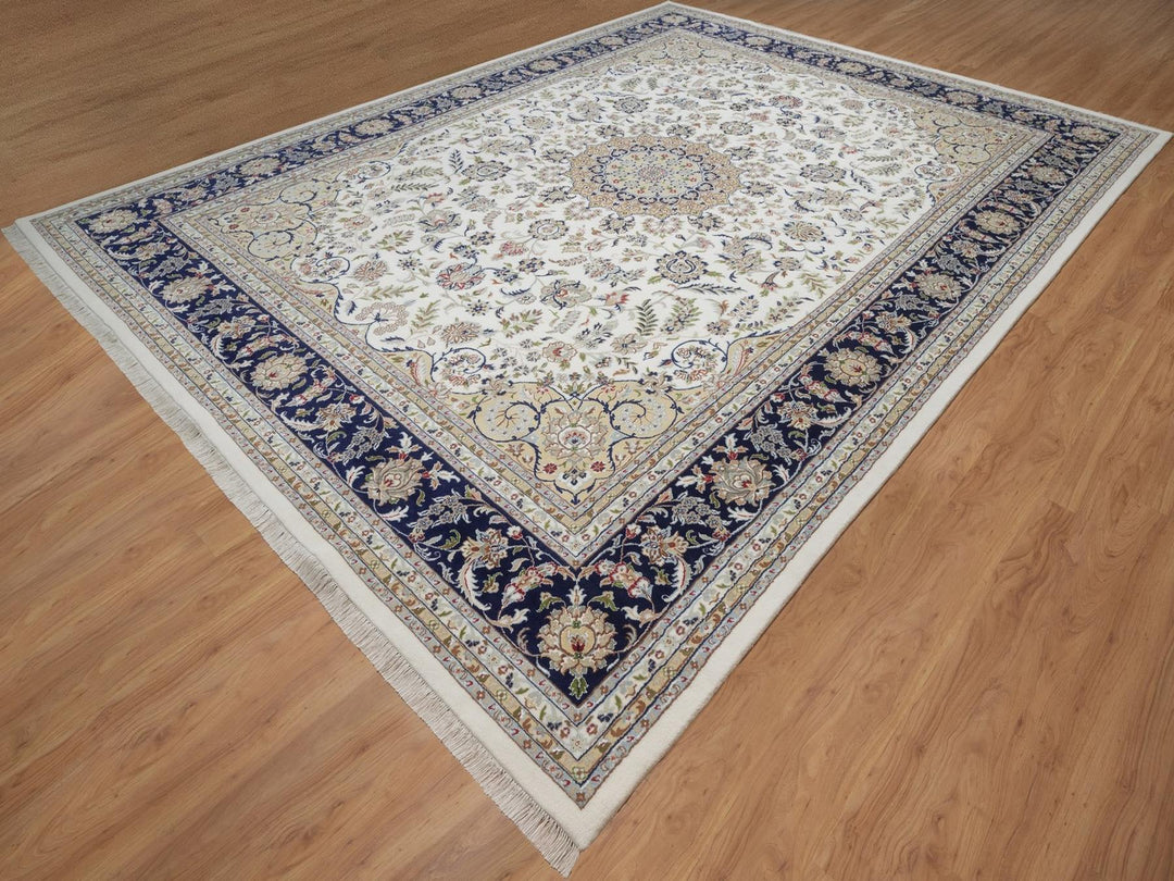 11'8" x 15'5" New Hand Knotted Ivory Wool & Silk Rectangle Oriental Rug - MOA10292037