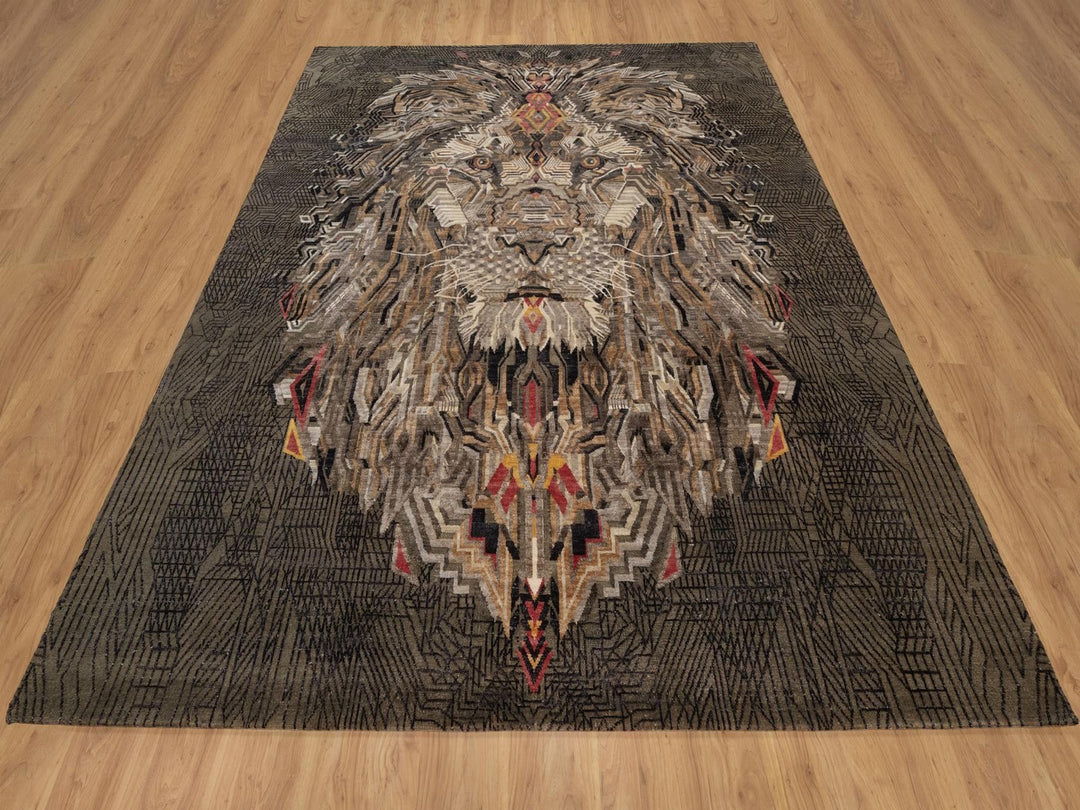 8'0" x 10'0" New Hand Knotted Brown Wool & Silk Rectangle Oriental Rug - MOA10292050