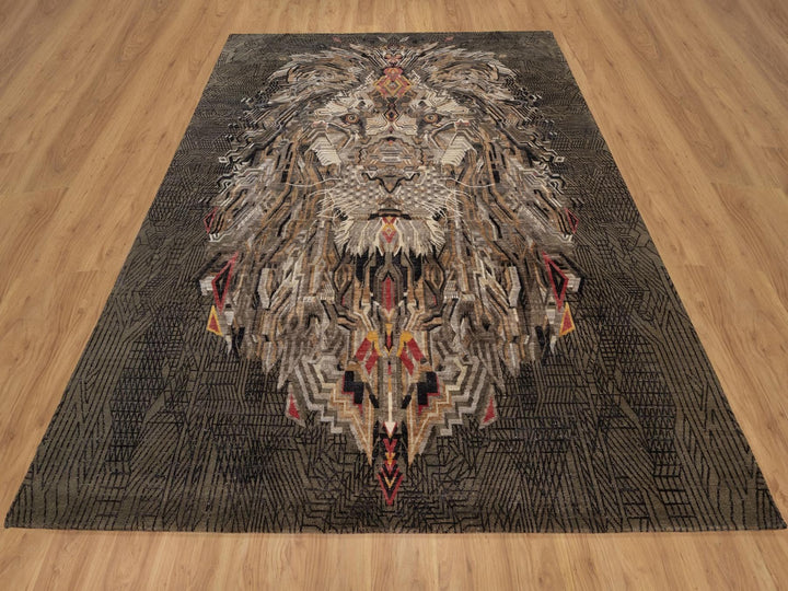 8'0" x 10'0" New Hand Knotted Brown Wool & Silk Rectangle Oriental Rug - MOA10292050