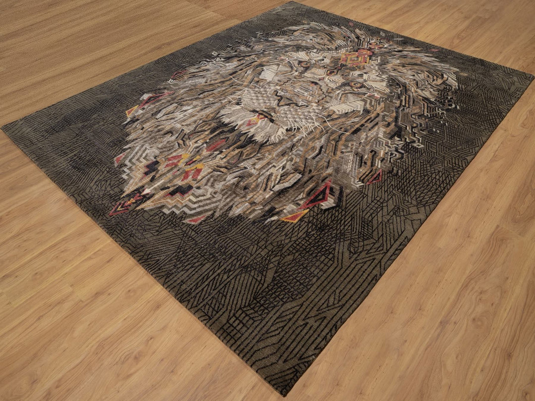 8'0" x 10'0" New Hand Knotted Brown Wool & Silk Rectangle Oriental Rug - MOA10292050