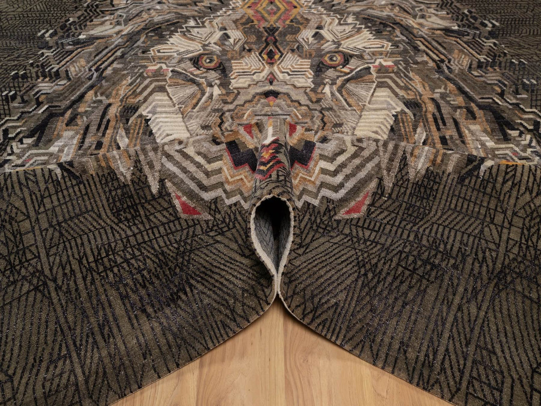 8'0" x 10'0" New Hand Knotted Brown Wool & Silk Rectangle Oriental Rug - MOA10292050