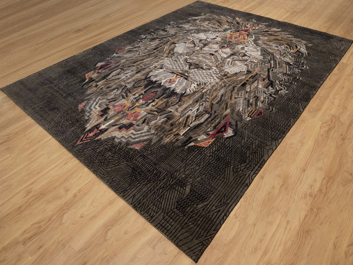 8'11" x 12'1" New Hand Knotted Brown Wool & Silk Rectangle Oriental Rug - MOA10292051