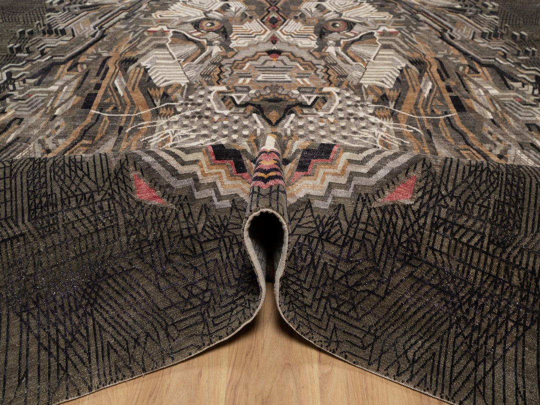 8'11" x 12'1" New Hand Knotted Brown Wool & Silk Rectangle Oriental Rug - MOA10292051