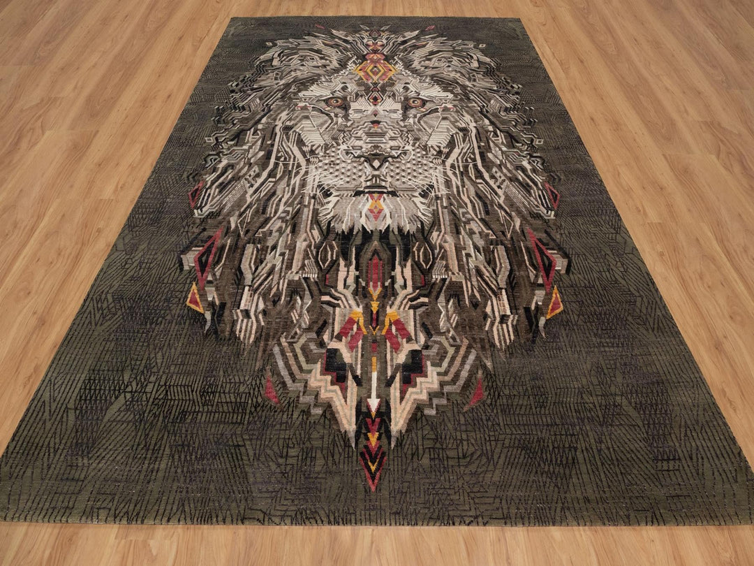 9'0" x 12'0" New Hand Knotted Brown Wool & Silk Rectangle Oriental Rug - MOA10292052