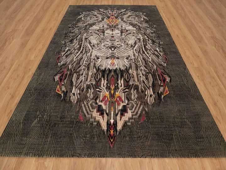 9'0" x 12'0" New Hand Knotted Brown Wool & Silk Rectangle Oriental Rug - MOA10292052