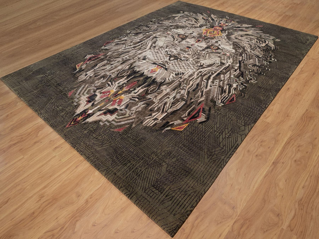 9'0" x 12'0" New Hand Knotted Brown Wool & Silk Rectangle Oriental Rug - MOA10292052