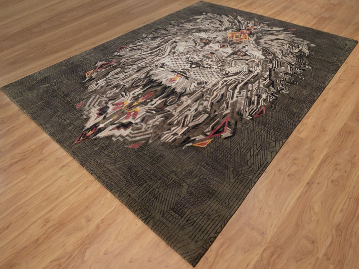 9'0" x 12'0" New Hand Knotted Brown Wool & Silk Rectangle Oriental Rug - MOA10292052