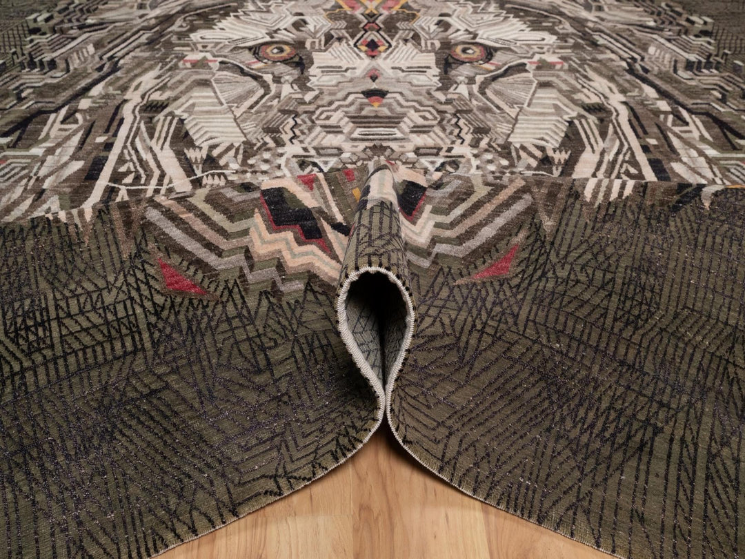 9'0" x 12'0" New Hand Knotted Brown Wool & Silk Rectangle Oriental Rug - MOA10292052