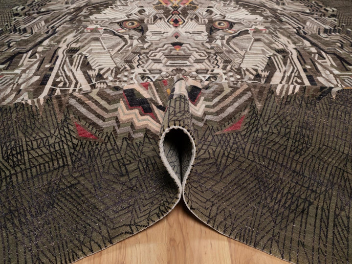 9'0" x 12'0" New Hand Knotted Brown Wool & Silk Rectangle Oriental Rug - MOA10292052