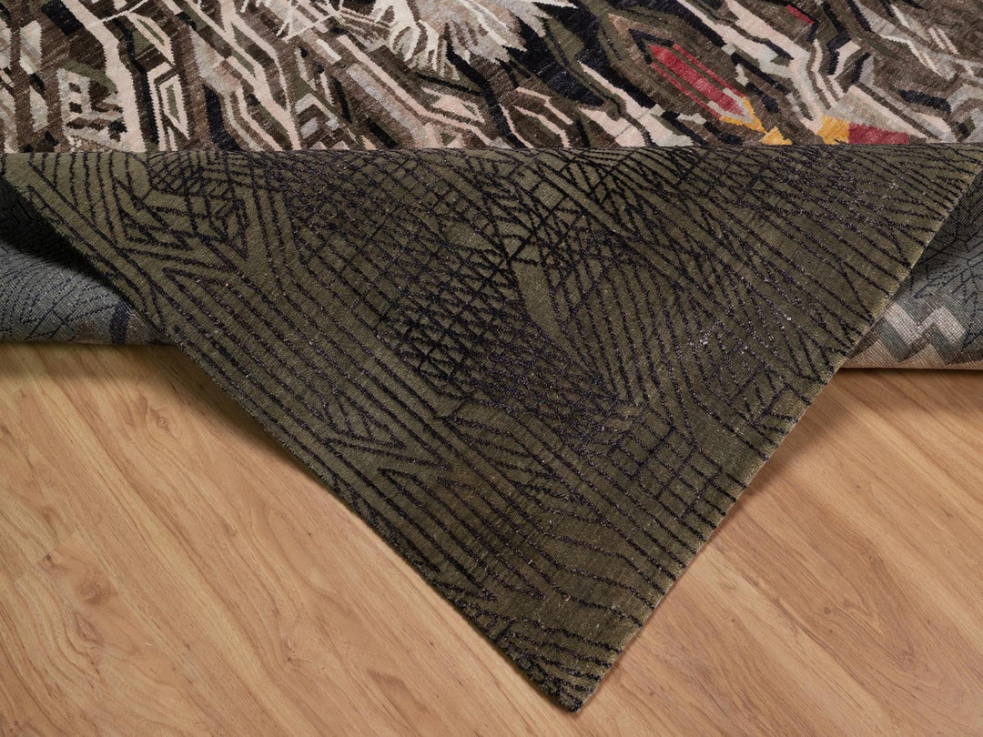 9'0" x 12'0" New Hand Knotted Brown Wool & Silk Rectangle Oriental Rug - MOA10292052