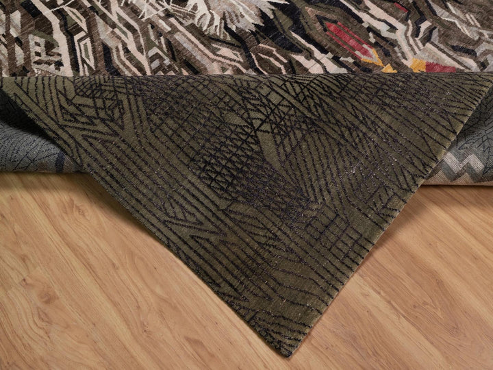 9'0" x 12'0" New Hand Knotted Brown Wool & Silk Rectangle Oriental Rug - MOA10292052