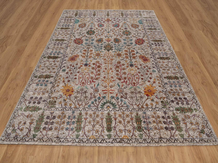 8'0" x 9'11" New Hand Knotted Ivory Wool & Silk Rectangle Oriental Rug - MOA10292053