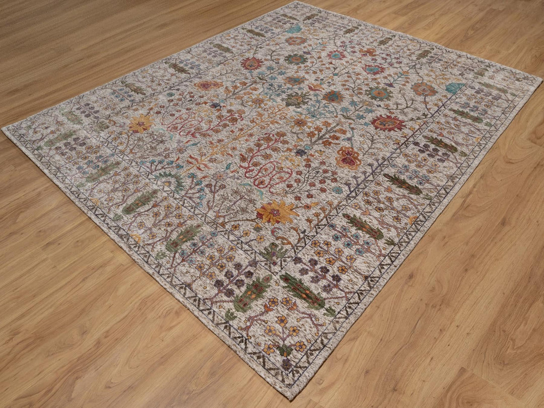 8'0" x 9'11" New Hand Knotted Ivory Wool & Silk Rectangle Oriental Rug - MOA10292053