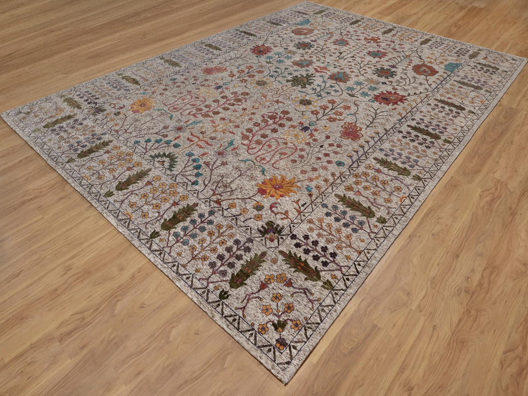 9'11" x 14'0" New Hand Knotted Ivory Wool & Silk Rectangle Oriental Rug - MOA10292054