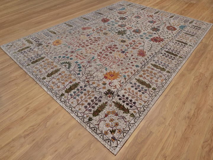 9'11" x 14'0" New Hand Knotted Ivory Wool & Silk Rectangle Oriental Rug - MOA10292054