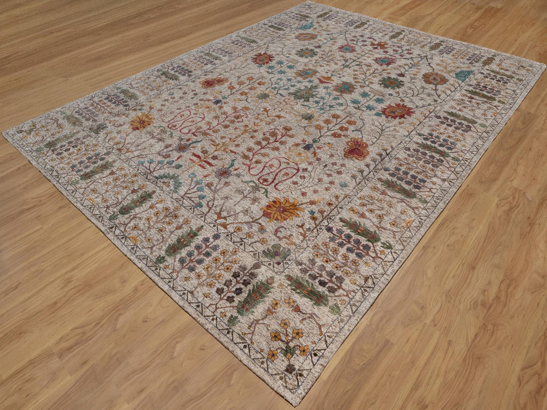 8'11" x 12'2" New Hand Knotted Ivory Wool & Silk Rectangle Oriental Rug - MOA10292055