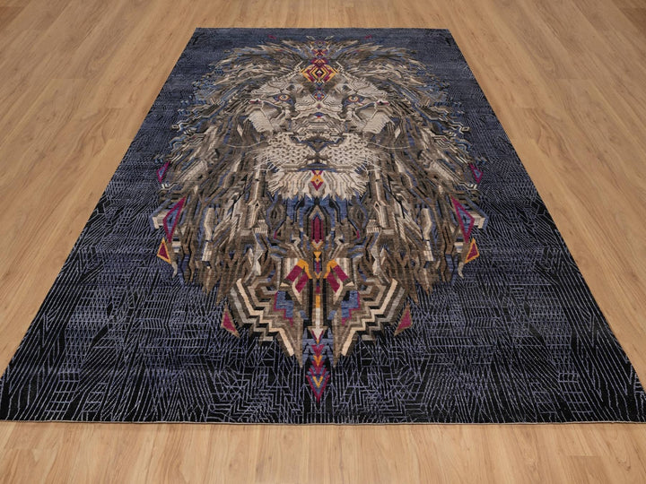 9'0" x 12'1" New Hand Knotted Black Wool & Silk Rectangle Oriental Rug - MOA10292056