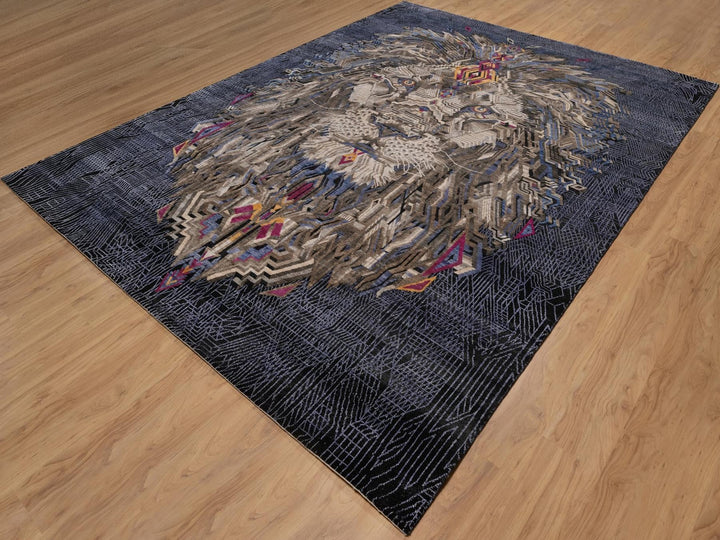 9'0" x 12'1" New Hand Knotted Black Wool & Silk Rectangle Oriental Rug - MOA10292056