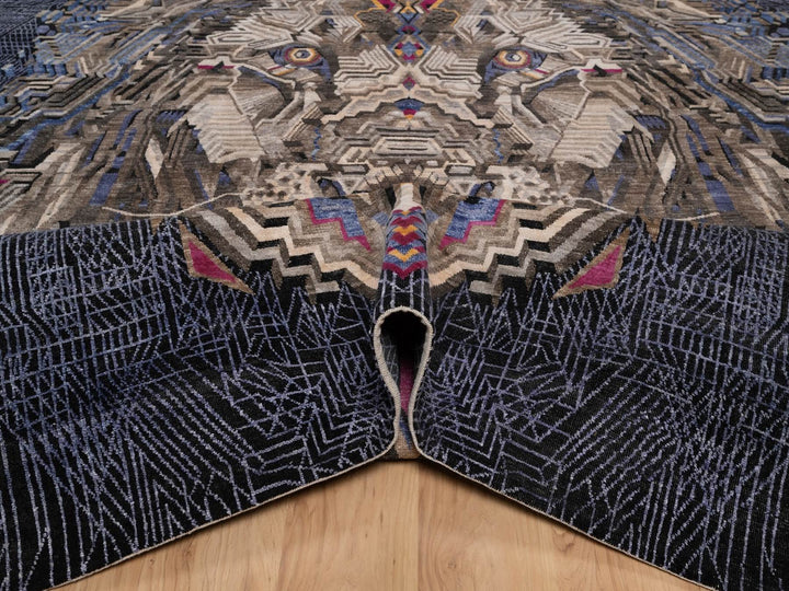 9'0" x 12'1" New Hand Knotted Black Wool & Silk Rectangle Oriental Rug - MOA10292056