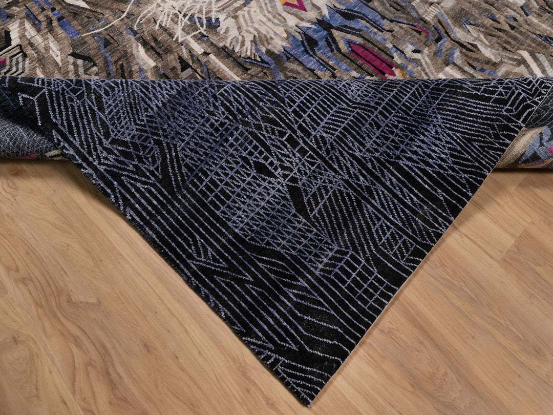 9'0" x 12'1" New Hand Knotted Black Wool & Silk Rectangle Oriental Rug - MOA10292056