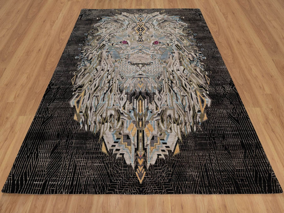 8'0" x 10'0" New Hand Knotted Black Wool & Silk Rectangle Oriental Rug - MOA10292058