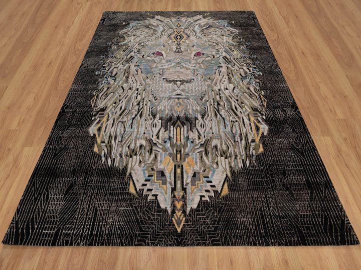 8'0" x 10'0" New Hand Knotted Black Wool & Silk Rectangle Oriental Rug - MOA10292058