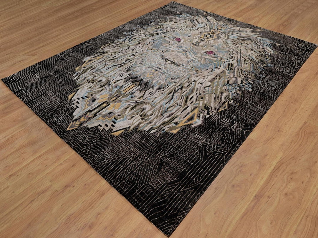 8'0" x 10'0" New Hand Knotted Black Wool & Silk Rectangle Oriental Rug - MOA10292058