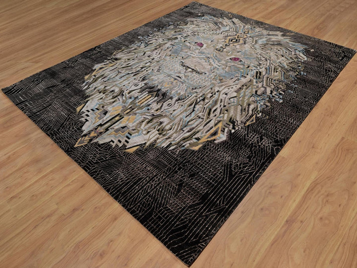 8'0" x 10'0" New Hand Knotted Black Wool & Silk Rectangle Oriental Rug - MOA10292058