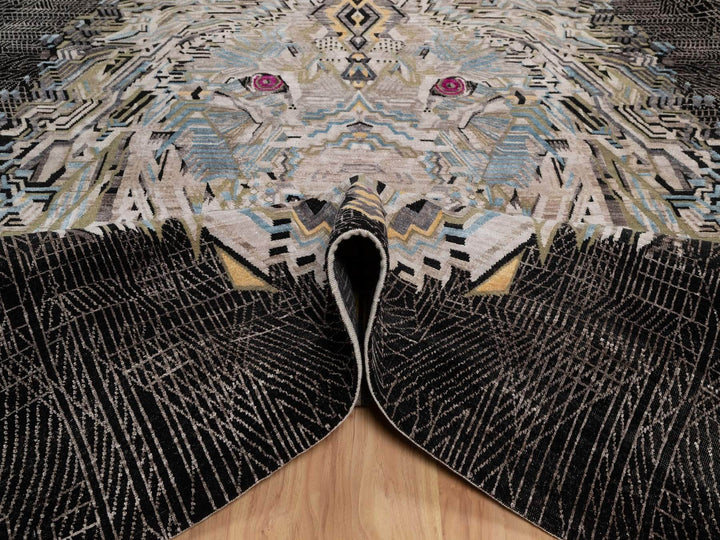 8'0" x 10'0" New Hand Knotted Black Wool & Silk Rectangle Oriental Rug - MOA10292058