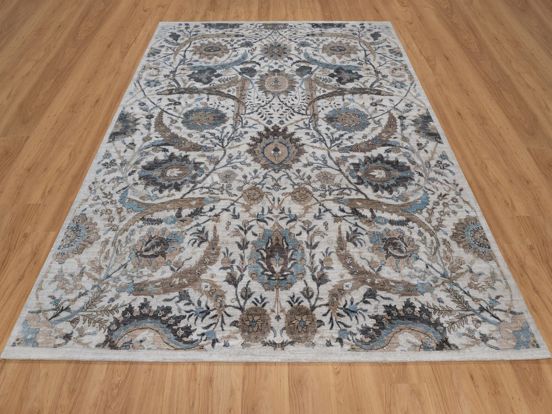 8'0" x 10'0" New Hand Knotted Grey Wool & Silk Rectangle Oriental Rug - MOA10292059